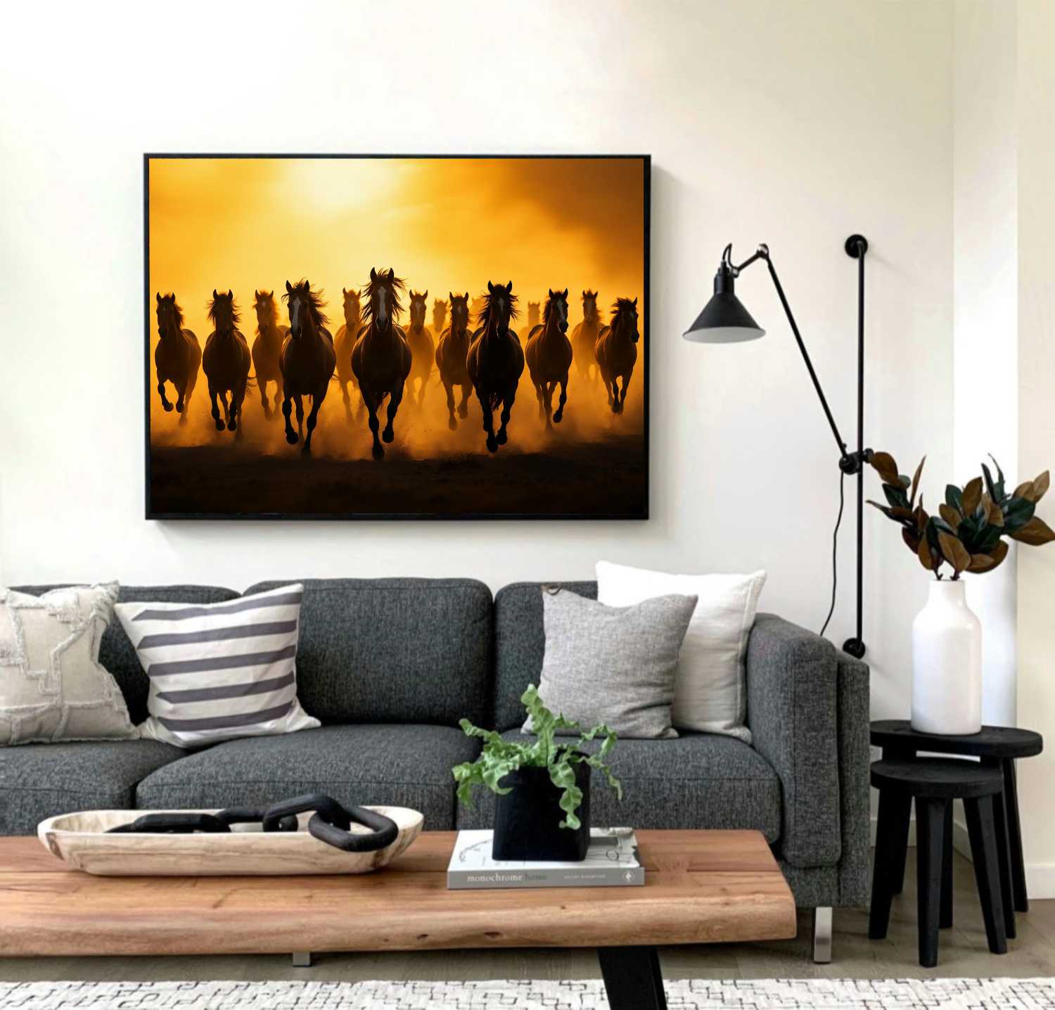 Quadro Decorativo Manada de Cavalos Correndo ao Por do Sol
